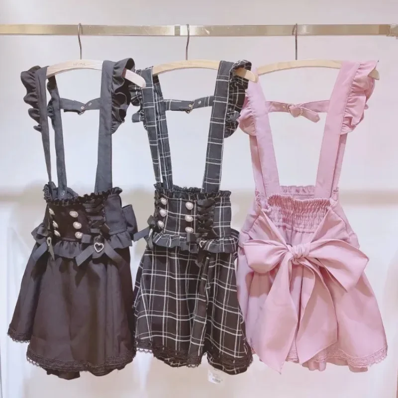 Rok pendek Suspender pendek pita Lolita Gotik Jepang rok kotak-kotak anak perempuan manis lucu renda rok Mini A-Line Musim Panas 2024 hitam polos kawaii