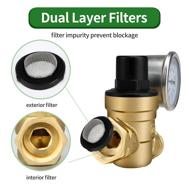 1 Piece Adjustable Water Pressure Reducer Pressure Regulator Valve With Gauge And Inlet Screen Filter, Brass Lead-Free