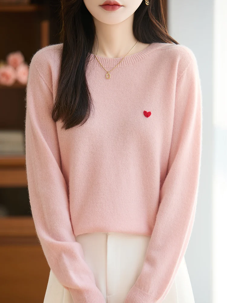 

Women Wool Sweater O-neck Long Sleeve Pullover Autumn Winter 100% Merino Wool Knitwear Heart Pattern Female Popular Clothing