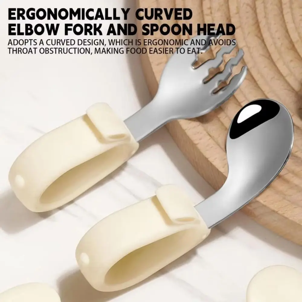 مجموعة شوك وملاعق للأطفال ذاتية التغذية بمقبض من السيليكون، أدوات طعام آمنة للاستخدام في غسالة الأطباق، سهلة الإمساك على شكل أرنب كرتوني