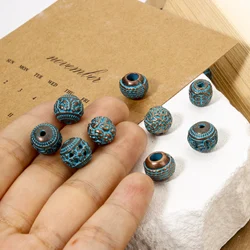 10 PCs Zinc Based Alloy Patina Spacer Beads  Antique Copper Blue Round Carved Pattern For DIY Jewelry Making Finding Accessories