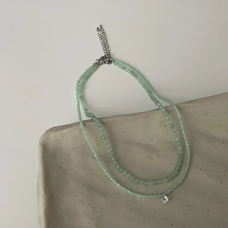 Minar 2026 Summer Shiny CZ Zircon New Green Color Natural Stone Beaded Pendant Necklace for Women Wholesale Strand Chain Chokers