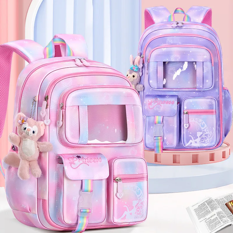 Colorful Transparent Layer Children Backpack School Commuting Leisure Girls High Capacity Curved Shoulder Strap Rainbow Mesh