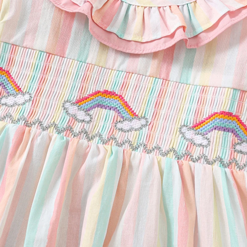 2024 Baumwolle lang ärmel ige Kleidung Frühling Herbst Outfit Farbstreifen Cartoon Regenbogen Kinder Stick muster Kleid für Mädchen