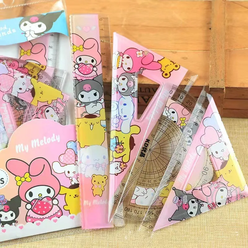 Sanrio Ruler 4-Piece Set Kawaii My Melody Cartoon Kuromi Triangular Plate Protractor Measuring Ruler Stationery Set Student Gift