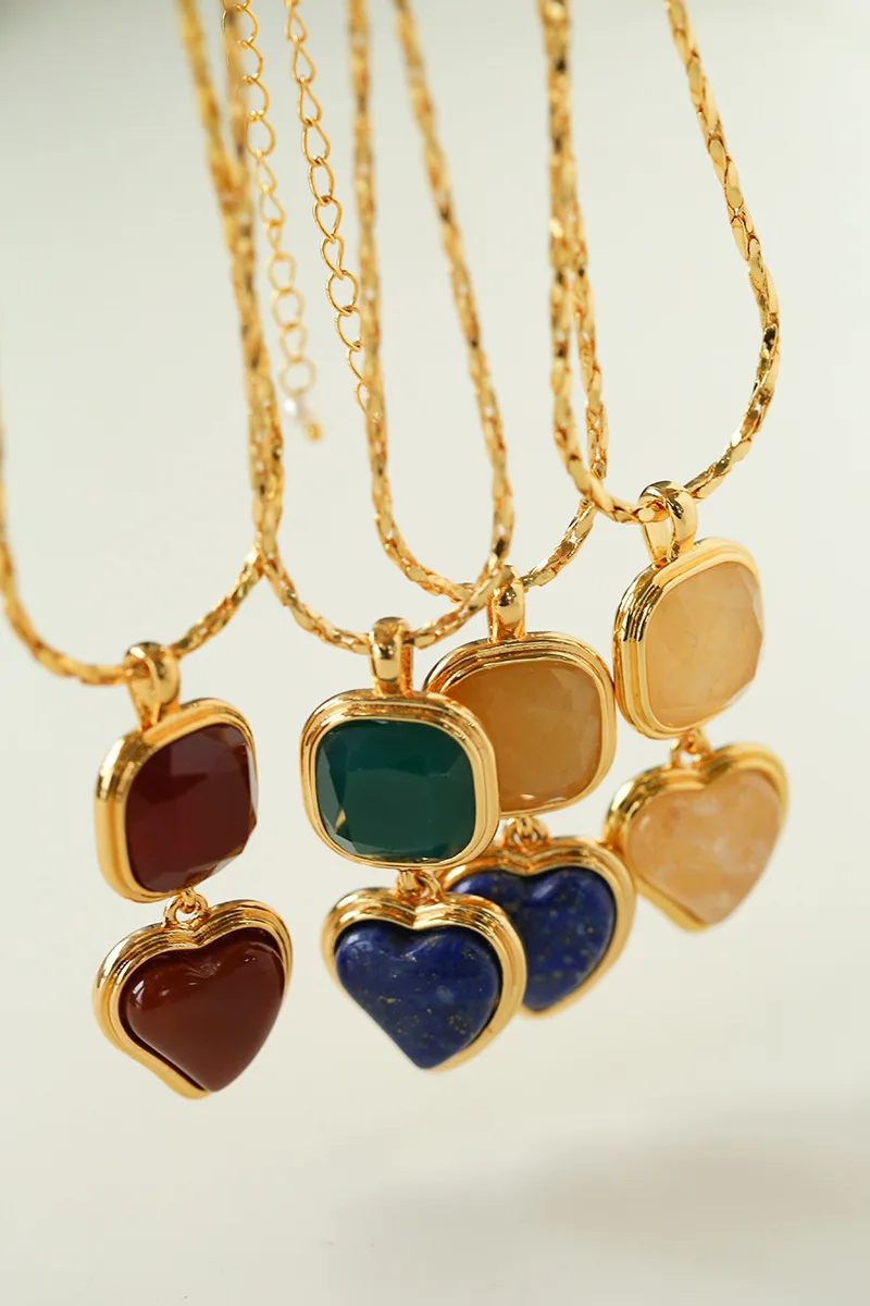 Europe America Natural Gemstone Crystal Geometric Heart Pendant Necklace Women Popular Top Quality Jewelry Accessories