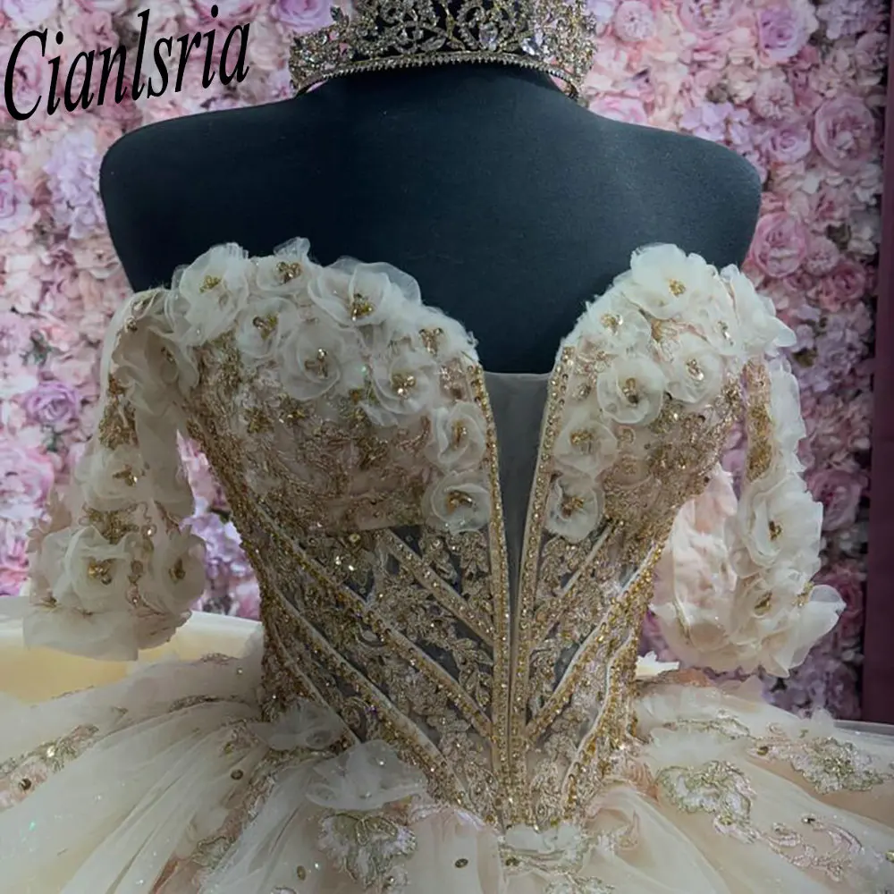 Champagne 3D Flowers Beading Crystal Quinceanera Dresses Ball Gown Appliques Lace Bow Customized Corset Vestidos De XV Anos