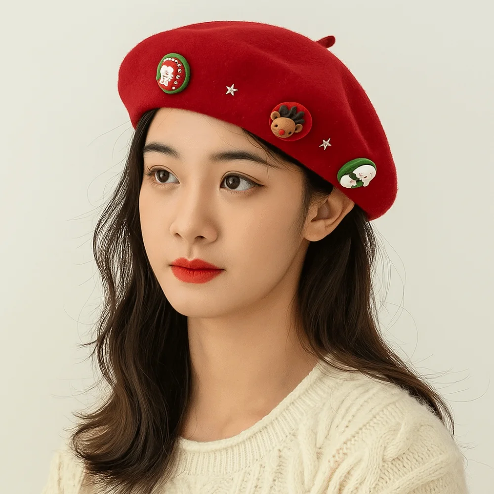 

Casual Woolen Christmas Beret Star Christmas Tree Wool Beret Solid Color Warm Painter Hat Girl