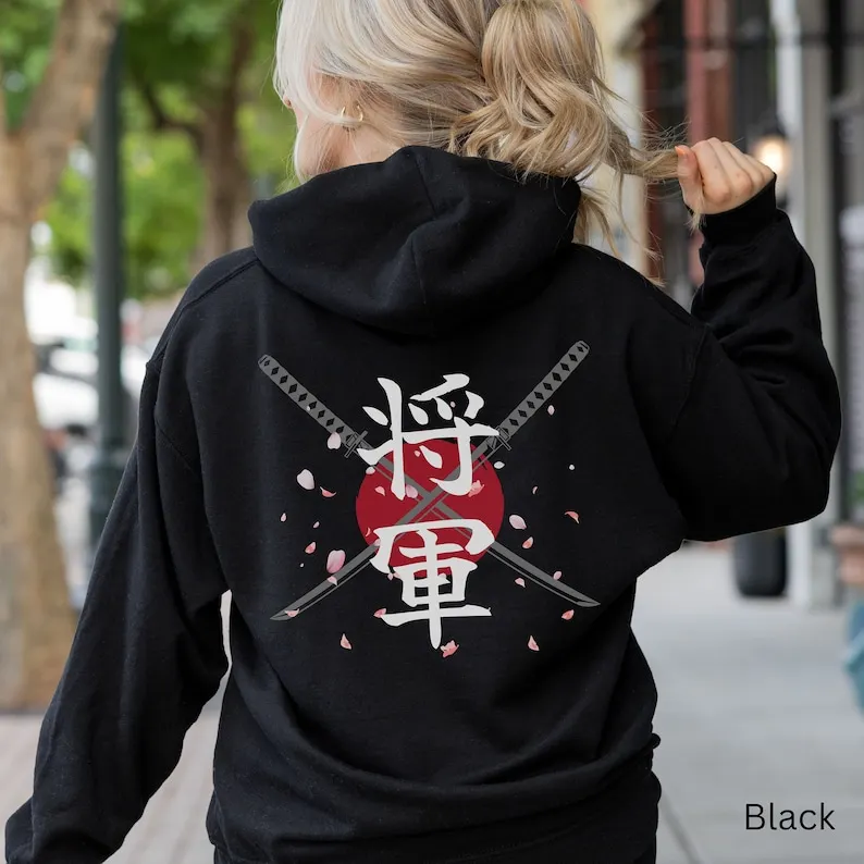 

Shogun Kanji Back Print Hoodie, Japanese Graphic Aesthetic Sweatshirt, Japan Streetwear, Samurai Silhouette Pocket Print Hooded