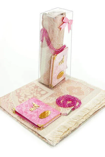 Pocket Oversize Velvet Yasin Book Name Plakalı Prayer Rug Prayer Beads Boxed Special Set Pink