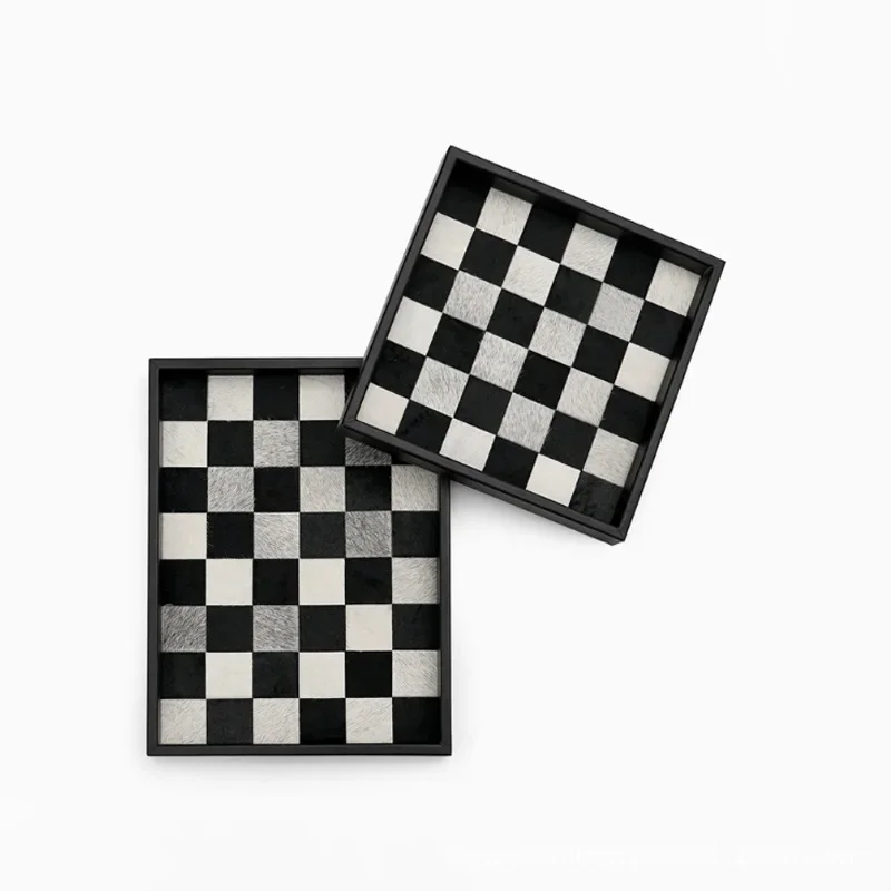 

New Chinese black and white checkerboard leather tray, model room soft furnishing, desktop decorations