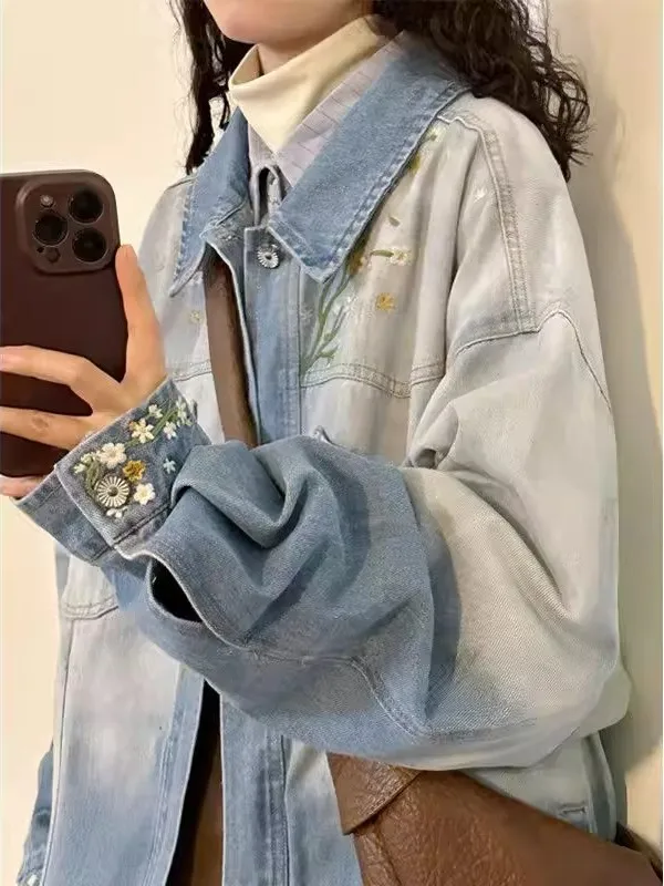 

Large Size American Retro Floral Embroidery Denim Jaet Women's Spring Autumn Loose Design adient Jaet Top