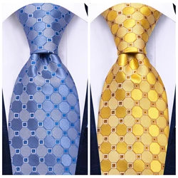 Hi-Tie Designer Plaid Light Blue Men Elegancki krawat Spinki do mankietów do smokingu Klasyczny jedwabny luksusowy krawat dla mężczyzny