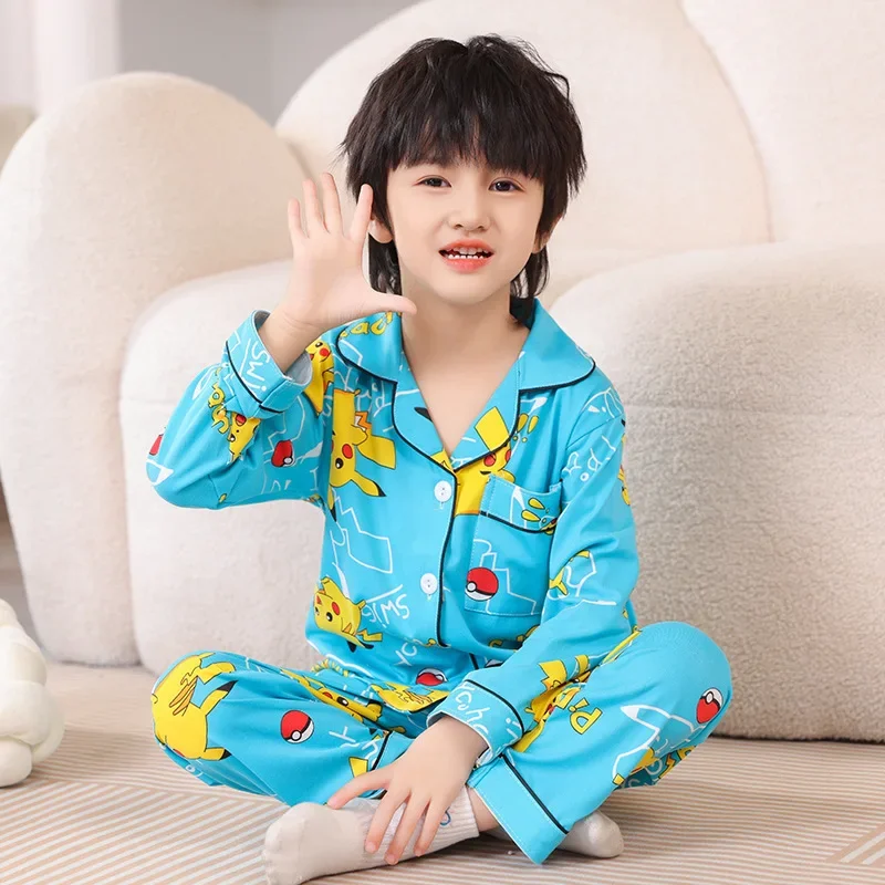 

Pokemon Pikachu Children's Pajamas Boys Lapel Long Sleeve Spring and Autumn Boys Baby Cardigan Can Be Worn Outside The Home Suit