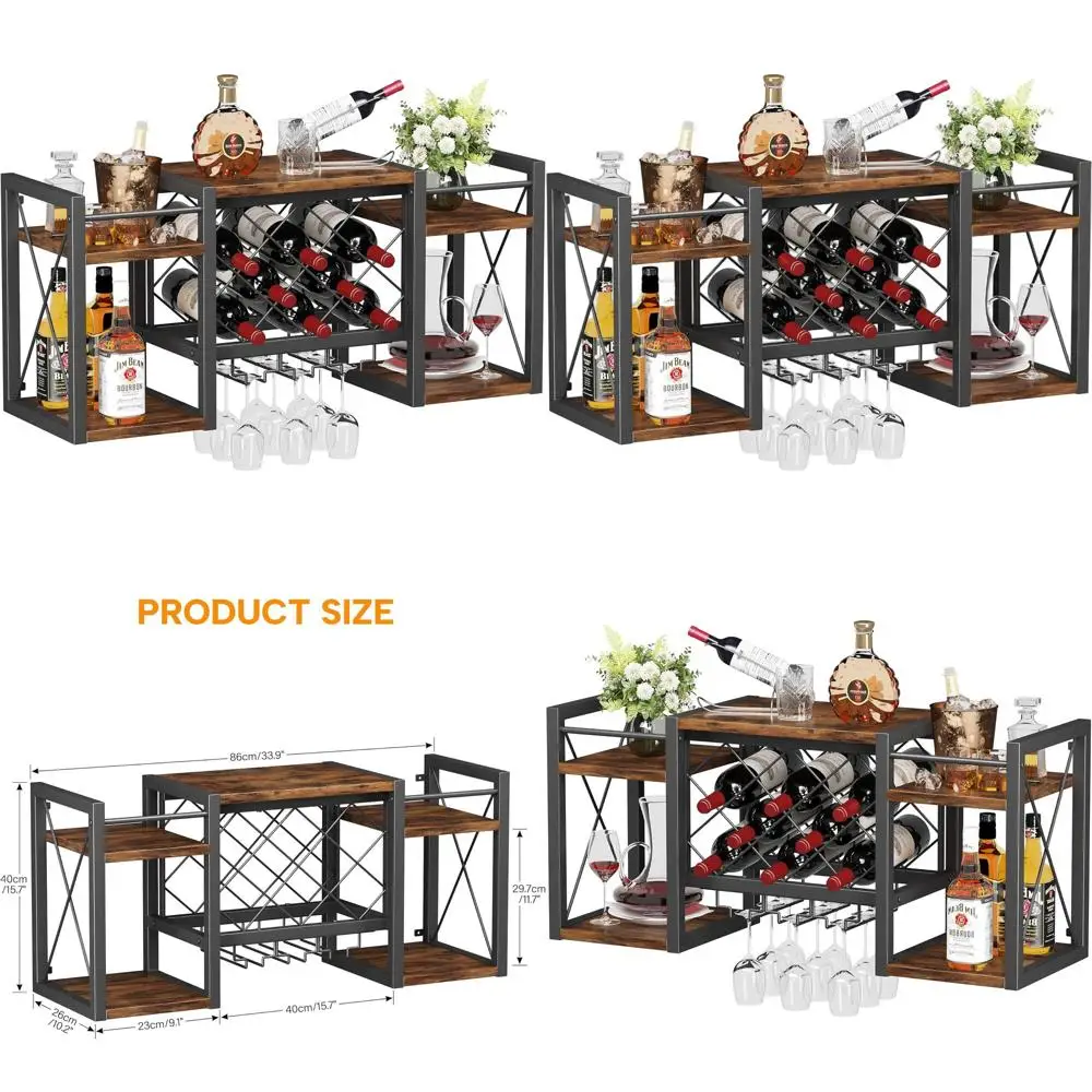 

Rustic Wall-Mounted Wine Rack with Glass Holder, Wooden and Metal Bar Shelf, Display Storage for Wine Bottles in Kitchen or Dini