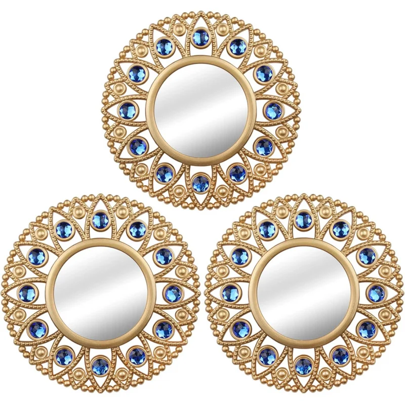 

DXYAKY Gold Round Wall Mirrors Set of 3, Ornate Decorative Mirrors with Blue Accents, 9.8 Inch Vintage Boho Wall Decor f