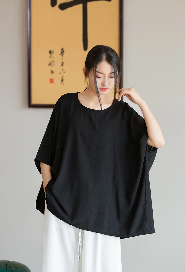 

Aransue 2022 Summer New Design Tees Loose Linen Free Size Top Bat Sleeve Women's Sunscreen T-Shirt