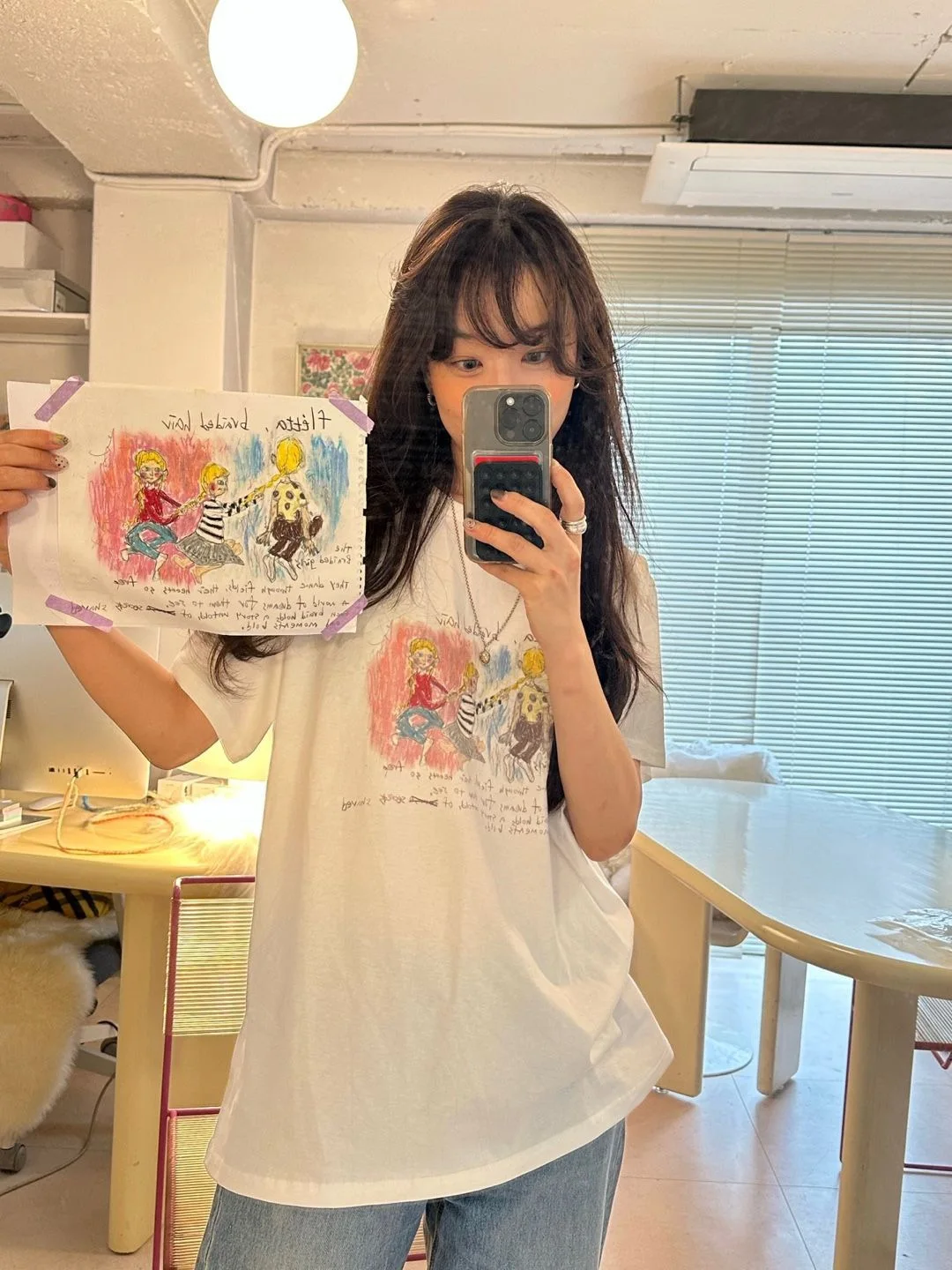 Fletta Summer Vintage Hand-drawn Braid Cartoon Print Youthful Loose Short-sleeved T-shirt Korean Style round Neck Mid-length