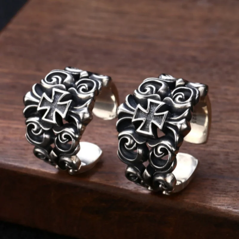 Genuine S925 Sterling Silver Rings for Women Men New Fashion Hollow Eternal Rattan Cross Adjustable Punk Jewelry Wholesale