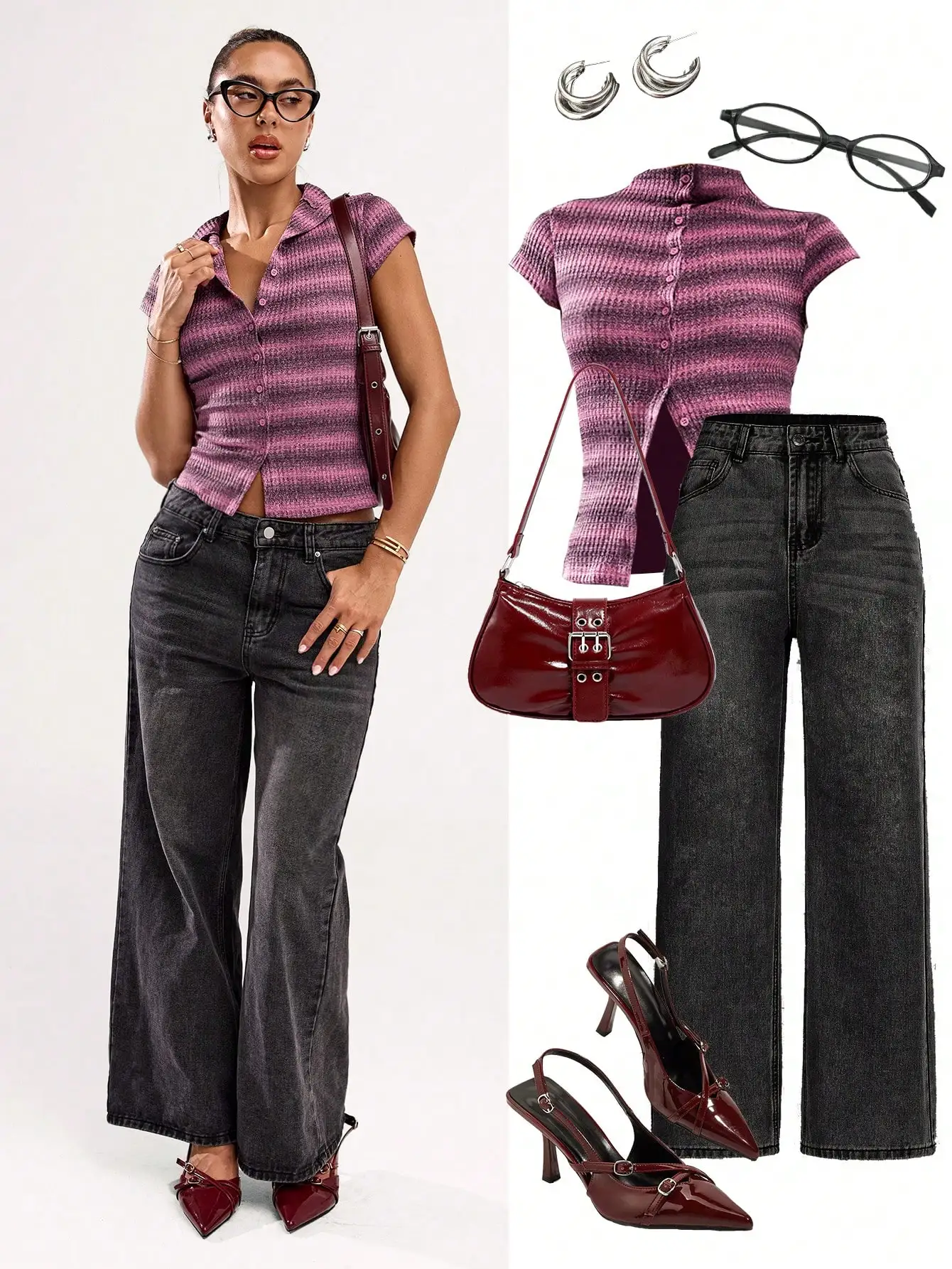

Women Stand Collar Short Sleeve Button Front Striped Casual Top