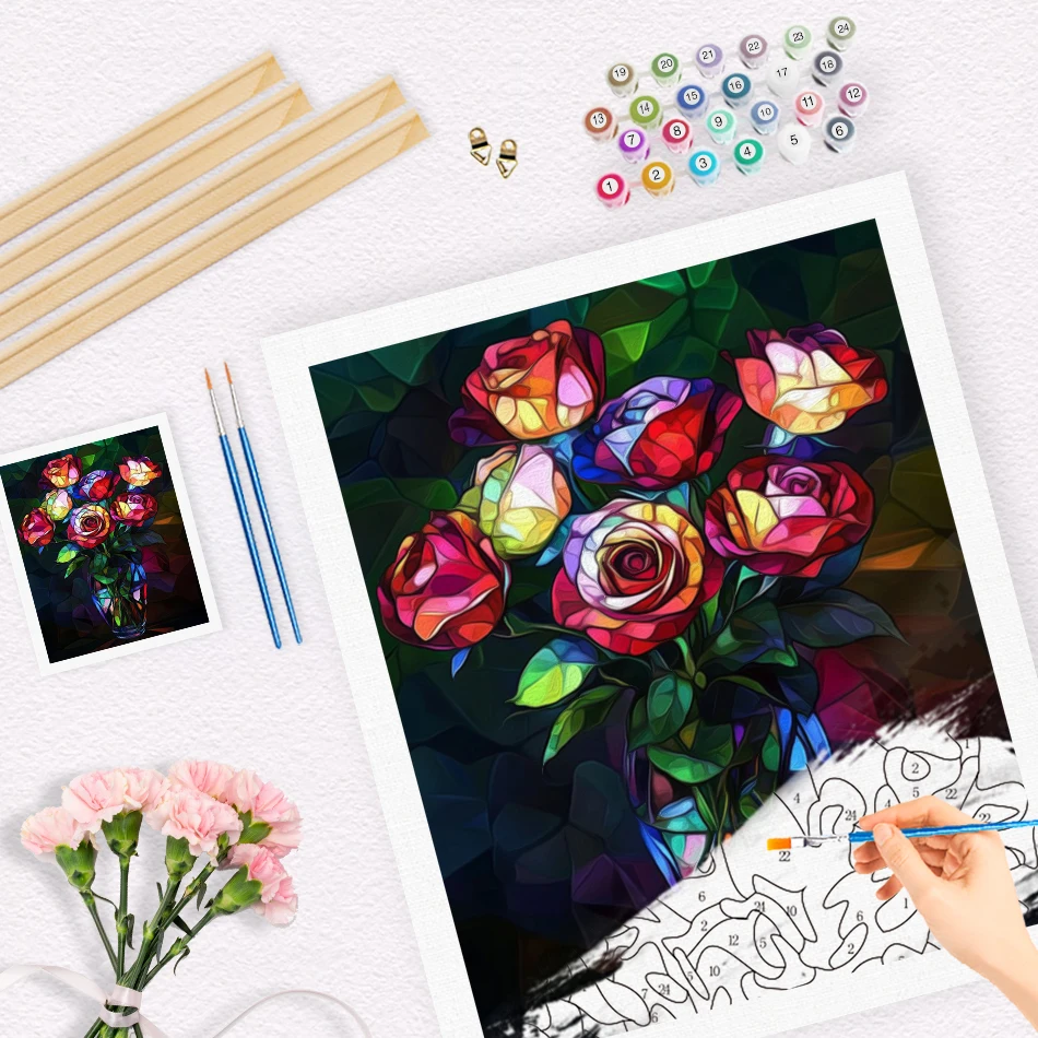 طلاء RUOPOTY بأرقام للبالغين مزهرية زهور مزخرفة داخلية فنون يدوية دهانات أكريليك لوحات على الرقم لرسم الفن الزيتي #2