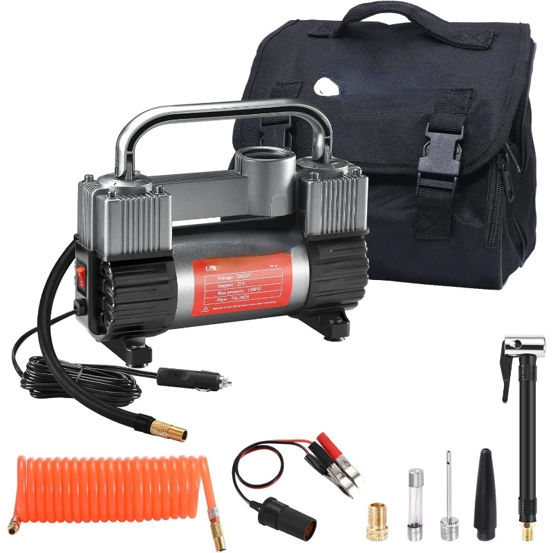 Tire Inflator Heavy Duty Double Cylinders, Portable Metal DC 12V Air Compressor - Car Accessories, 150PSI Tire Pump with Adapter