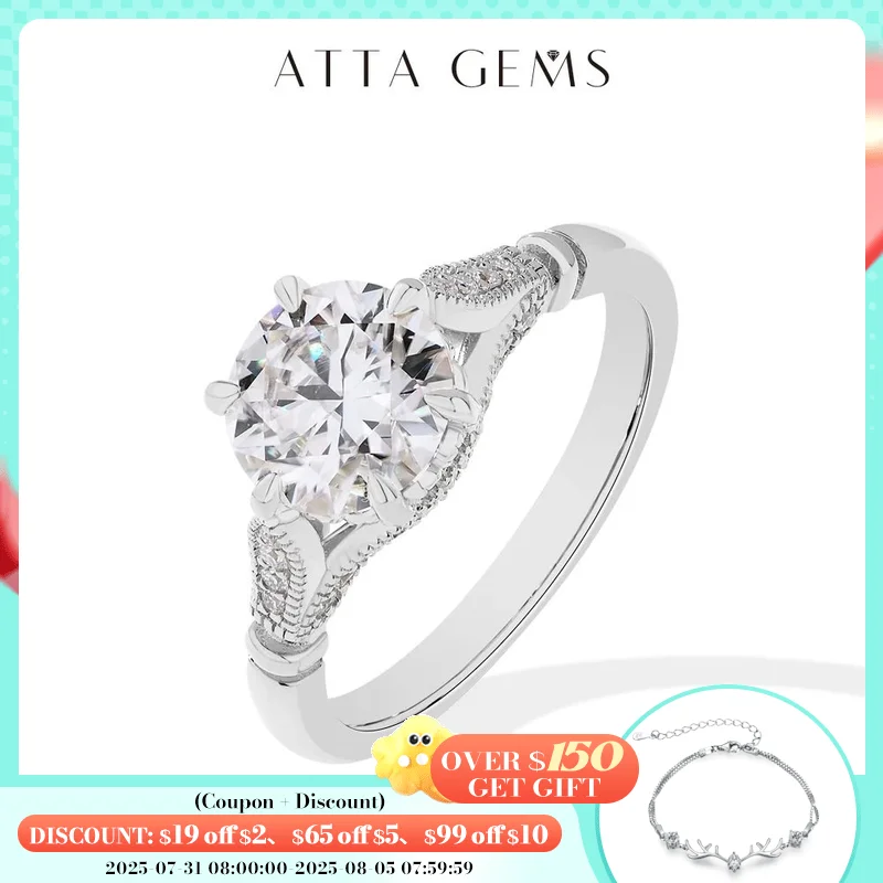 

ATTAGEMS 2CT Round Cut Moissanite Diamond Rings for Women D VVS1 Solitaire Rings S925 Silver 18K Gold Plated Luxury Jewelry Gift