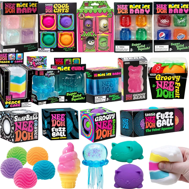 Needoh Mini Nice Cube4 Pack Teenie Fuzz Ball Calming Fidget Toy Maltose TPR Snow Ball Press Doh Gumdrop Stress Relief for Adults