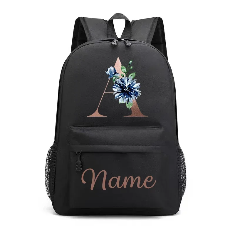 Mochila personalizada con letras y nombre para mujer, bolso de hombro con estampado Floral, informal, a la moda, para viaje y escuela