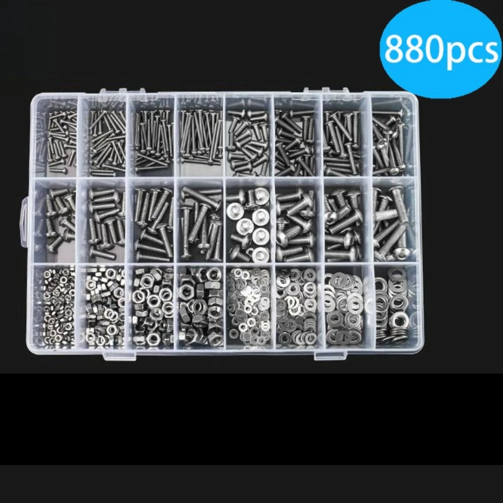 880 Stuks Rvs Ronde Kop Inbusschroeven Moeren M2-M5 Kit Set Hexagon Machine Metrische Schroeven Moeren en Platte Ringen