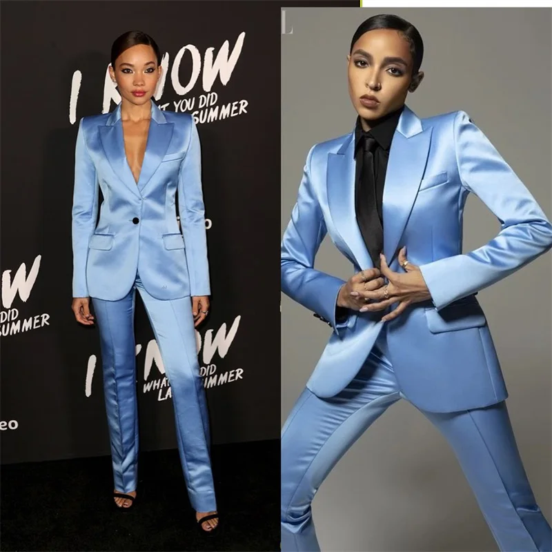 

Silk Satin Women Suits 2 Pieces Office Set Royal Blue Red Carpet Jacket Custom Made Blazer+Pant Evening Prom Dress