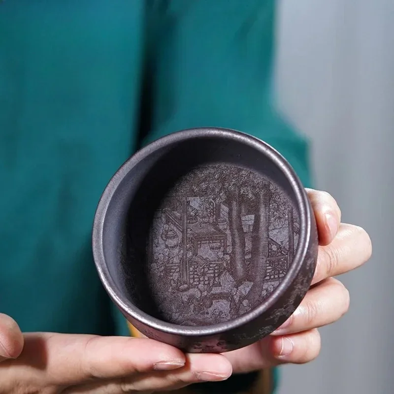 150ml Yixing Purple Clay Hundred Sons Good Fortune Teacup Aesthetic Tea Bowl Jug Tea-tasting Meditation Cup Chazhan Master Cups