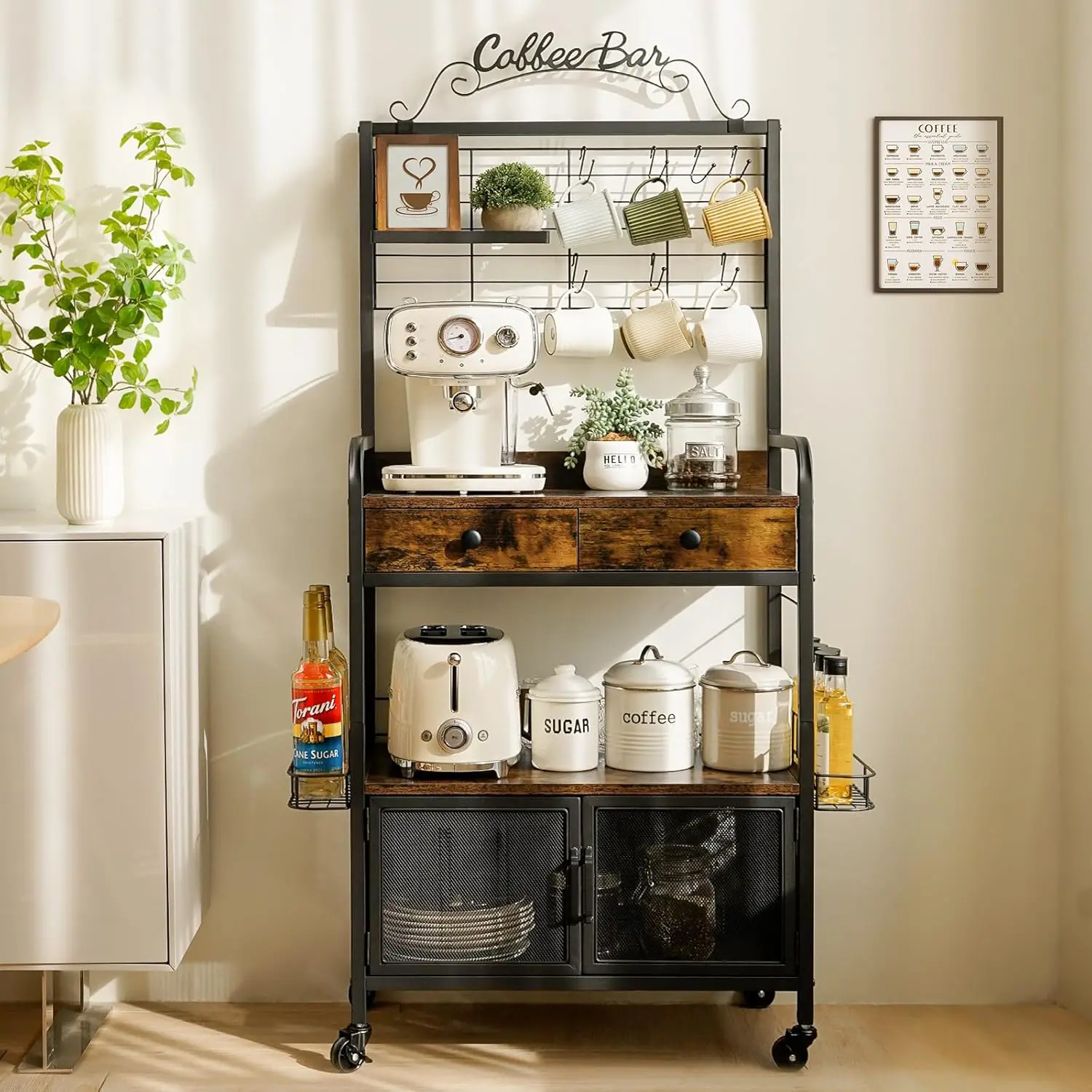 

Kitchen Island Coffee Bar Cart with Wheels and Storage Mobile Serving Table for Home