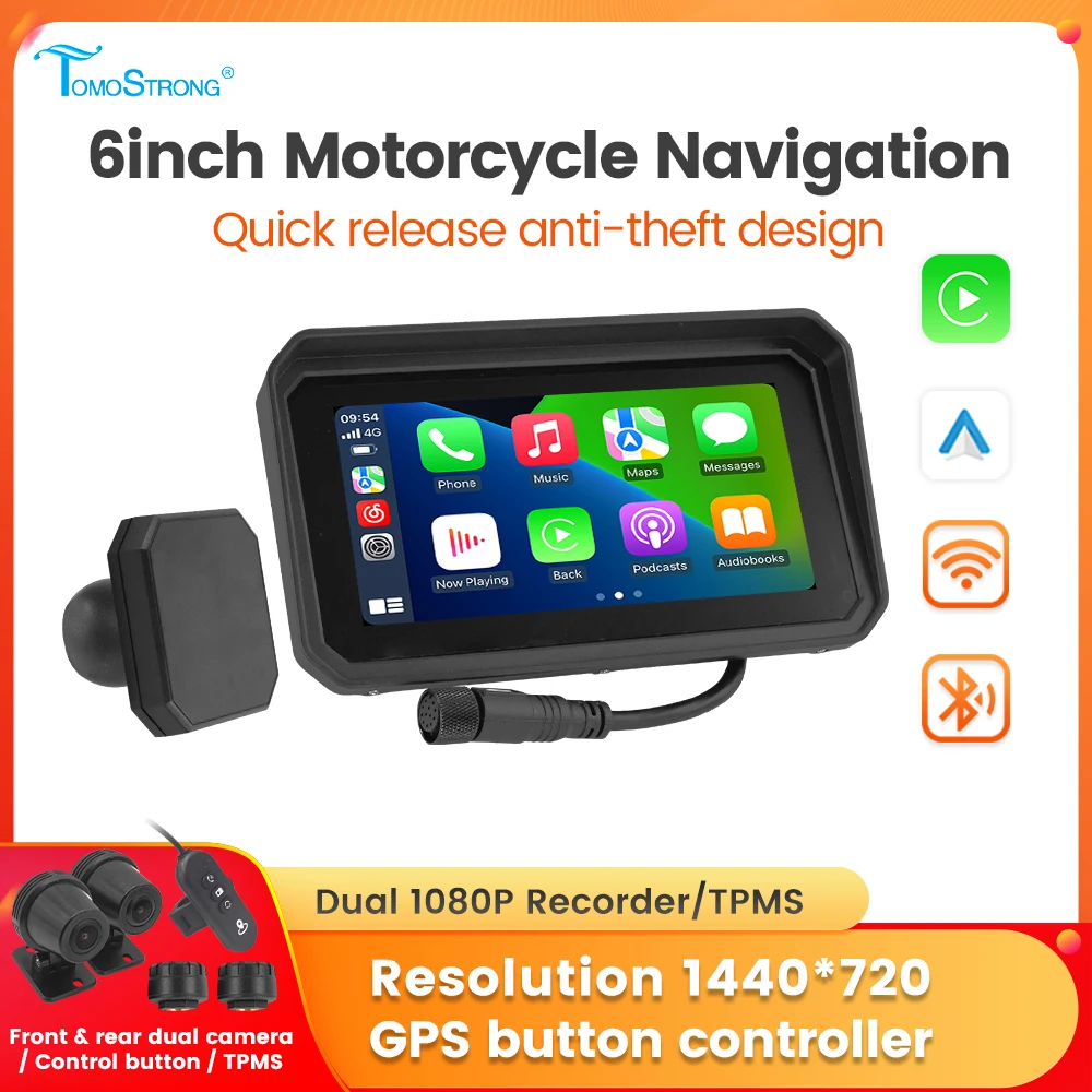 

6 Inch Motorcycle Wireless Carplay & Android Auto Navigation Display Screen Portable GPS Dual Cam Front Rear Recorder 1080P TPMS