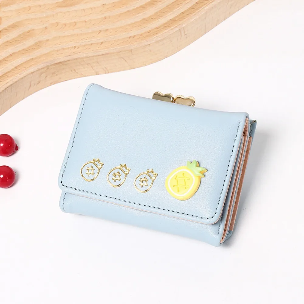 Cute Fruit Pattern Short Folding Card Bag Candy Color Causal Card Holder PU Solid Color Trifold Wallet Ladies