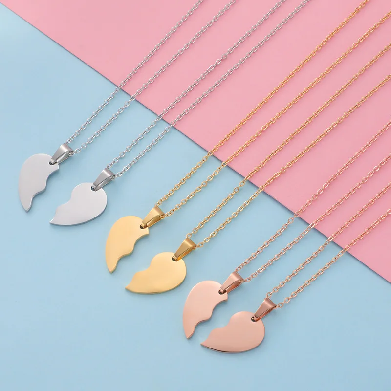 2Pcs/Lot Mirror Polish Stainless Steel Broken Heart Stitching Pendant Necklace For Women Fashion Jewelry