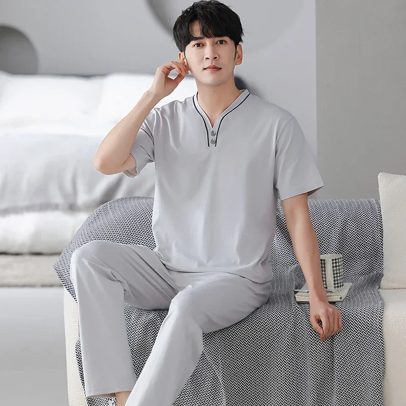 

Newest Summer M-4XL Modal Pajamas Set Men Short Sleeve Sleepwear Short Tops+Long Pants 2Pcs Set Pyjamas