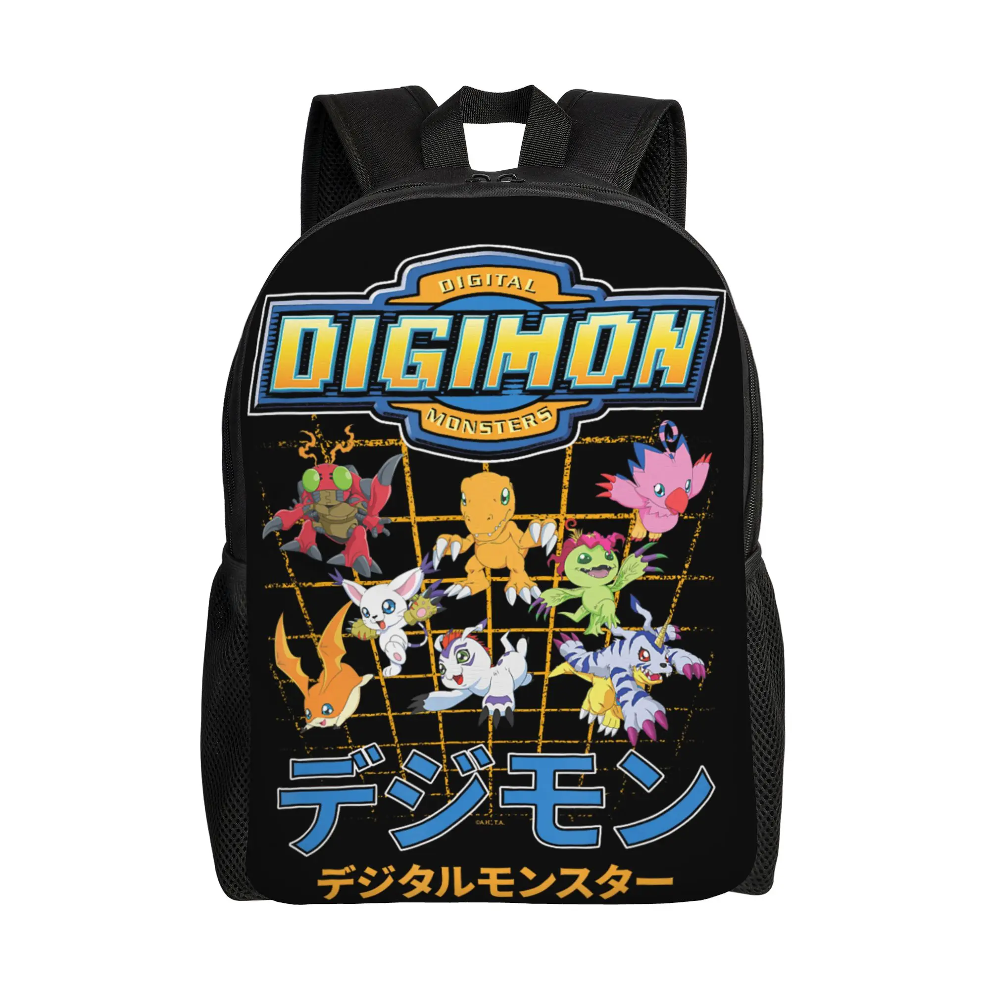

Digimon Character Grid with Kanji and Logo Digital Monsters backpack ita bag mochila Strap Outdoor Zipper Closure Rucksack