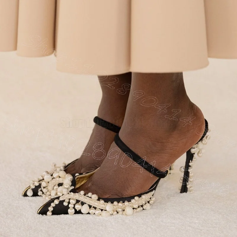 

White Pearl Design Black Pointed Toe Slippers Slip On Women Shoes Thin High Heels Party Banquet Runway 2026 Zapatos Para Mujere
