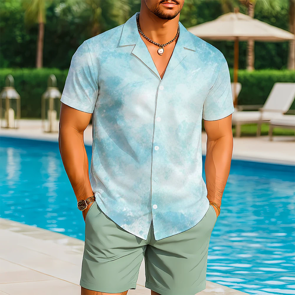 Fashionable Tie-dye Hawaiian Shirt With Retro HD Print Casual Breathable Comfortable Men's Clothing Travel Beach Gift Soft Tops