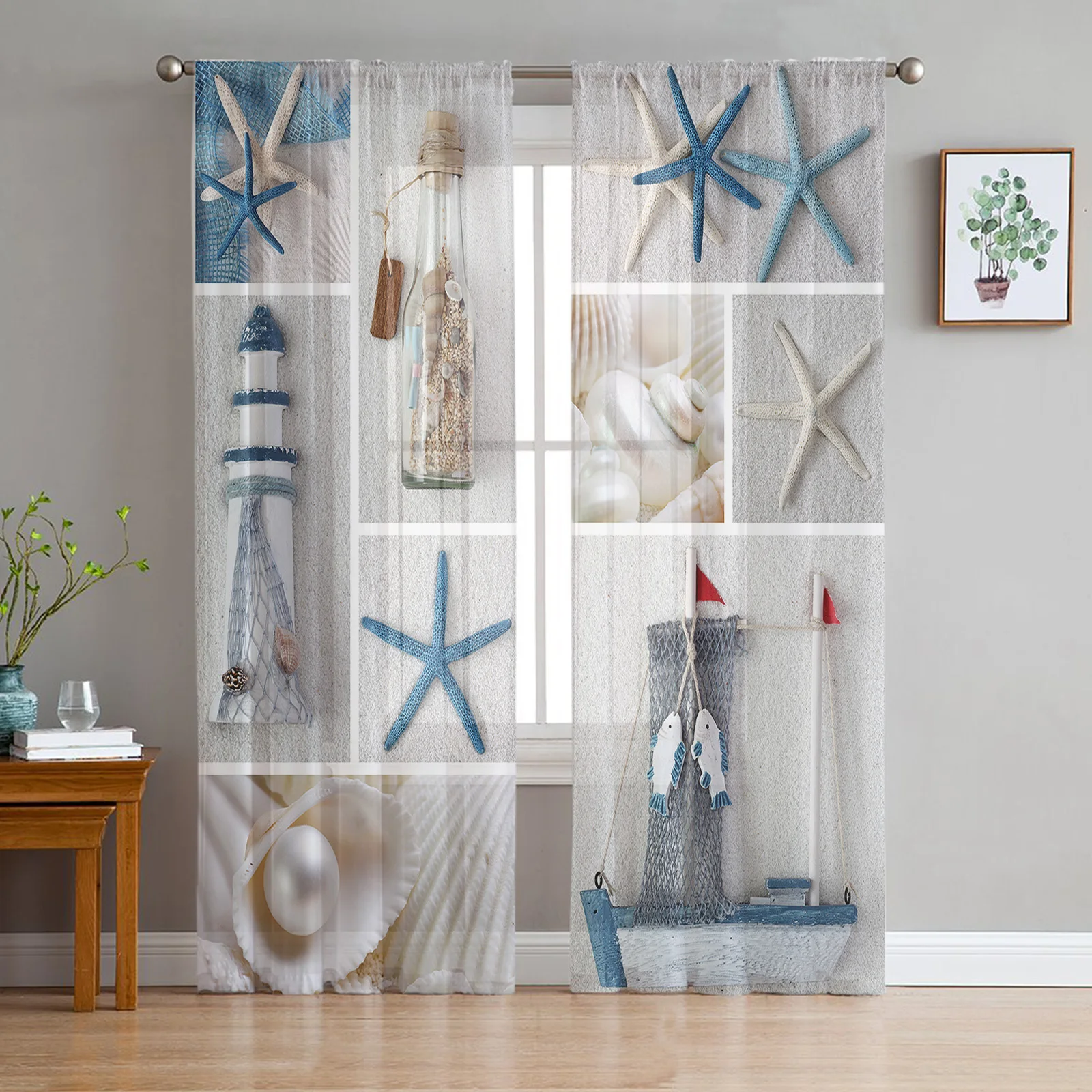 Mediterranean Lighthouse Starfish Sheer Curtains for Living Room Kitchen Tulle for Windows Voile Yarn Curtains for Bedroom