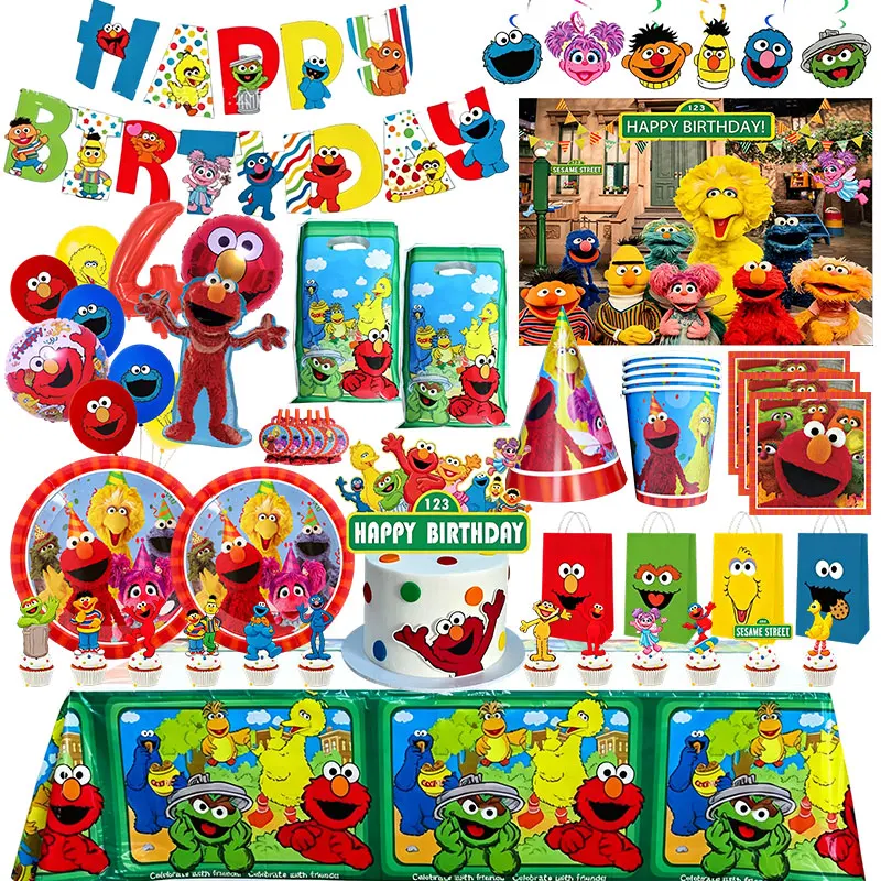 Elmo Sesamstraße Geburtstagsparty Dekoration Tischgeschirr Teller Becher Servietten Ballon Banner Hintergrund Geschenktüten Kinderparty-Zubehör – Detail 1