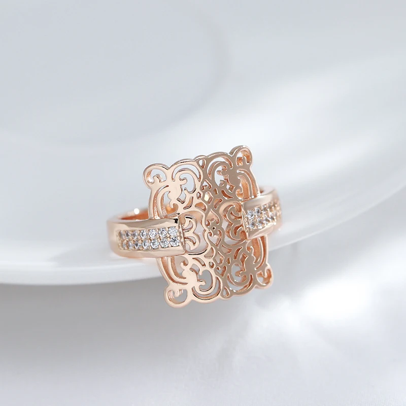 Kienl Trend 585 Rose Gold Color Square Big Ring for Women Vintage Natural Zircon Glossy Metal Ethnic Bride Ring Daily Jewelry