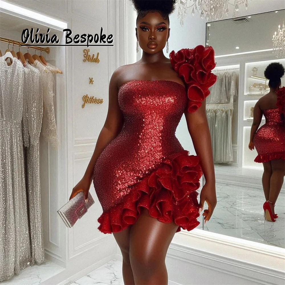 

Red Aso Ebi Short Evening Dresses Ruched Ruffles One Shoulder African Prom Gowns Mermaid Luxury Dress Woman 2025 Customized