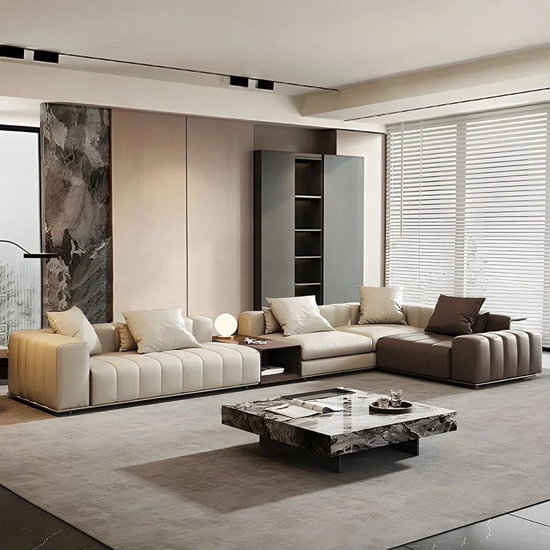 Italian minimalist piano key sofa designer villa size apartment first layer cowhide corner modern leather combination