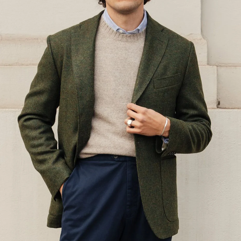 

Mens Tweed Jacket Wool Mix Single Breasted Slim Fit Blazer Coat Business Casual Fashion Outerwear For Men Office Wedding Party