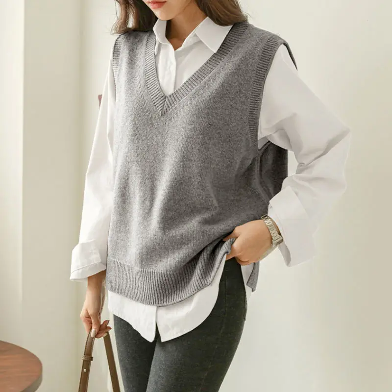 Sweater Vests for Women Korean Style 7 Colors Pure All-match Sleeveless V-neck Vintage Elegant Knitted Young New Arrival Loose