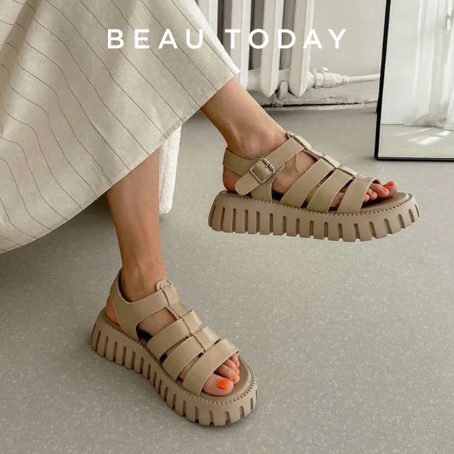 BeauToday sandały na platformie damskie z wystającym palcem Slingback klamra na kostce pasek ze skóry naturalnej Casual lato na świeże powietrze buty damskie 38201