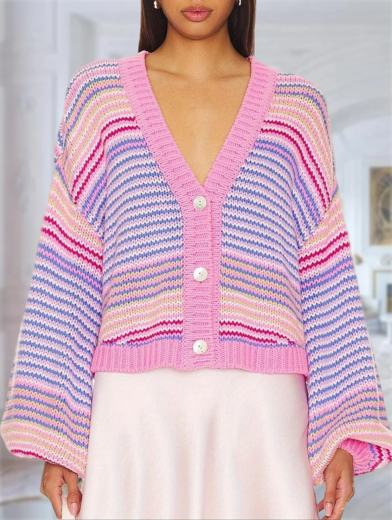 

Женский повседневный осенне-зимний свитер, полосатый кардиган, вязаное пальто на пуговицах с пышными рукавами и v-образным вырезом