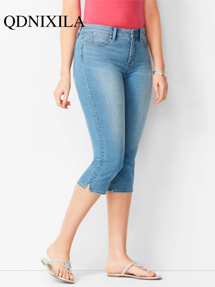 Woman\'s Jeans Black Denim Pants Ladies Cropped Trousers Skinny Knee Length Jeans Women Elastic High Waist Mom Jeans Oversize